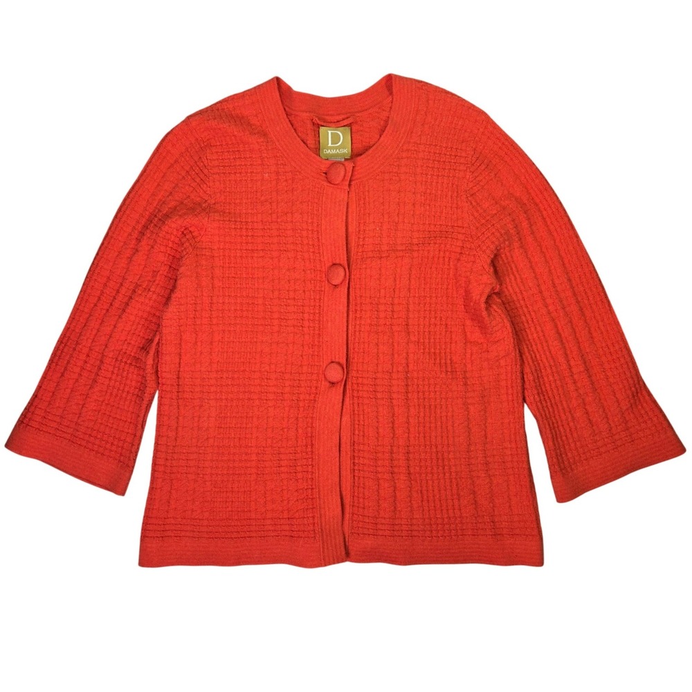 Damask Orange Red Silk Blend Textured Knit Button Front Cardigan Sweater Size‎ M
